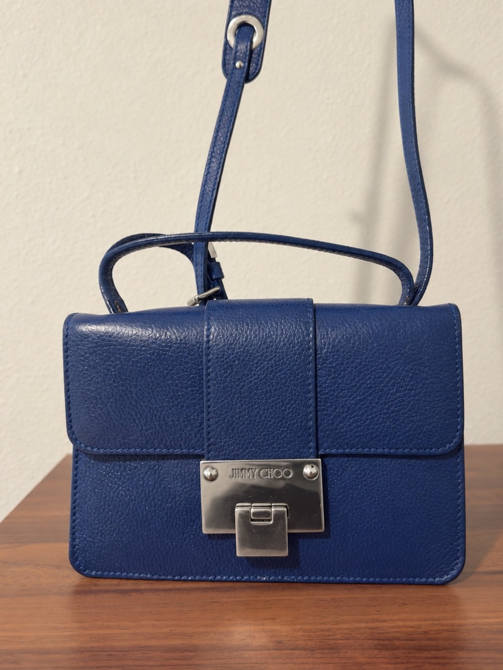 Jimmy Choo Navy Blue Leather Crossbody with Silver-Tone Lock